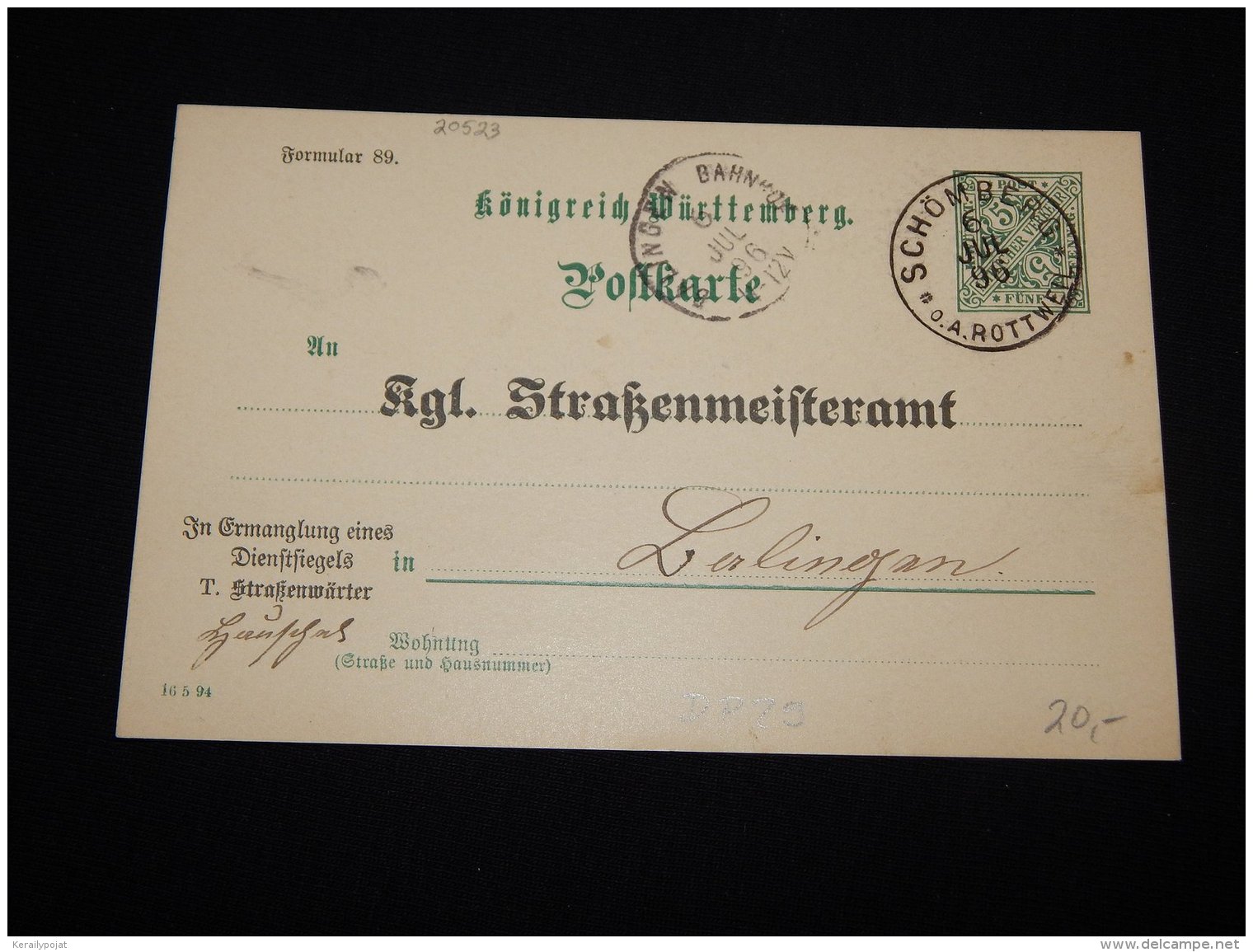 Wurttemberg 1896 Schömberg 5pf Green Stationery Card__(L-20523) - Other & Unclassified