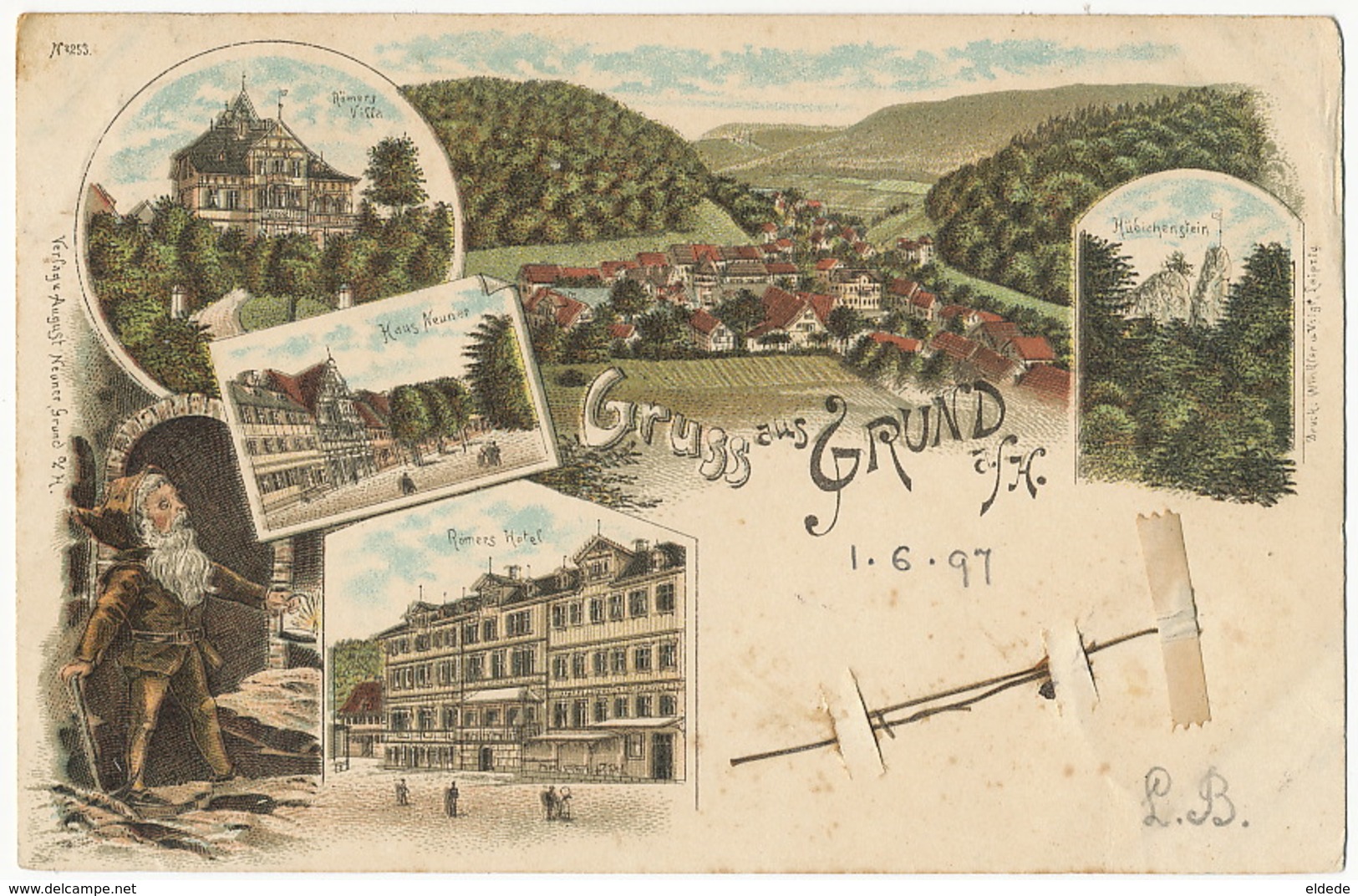 Gruss Aus Grund A. H. P. Used Wildemann 1897  Litho August Neuner Lutin Elf Romers Hotel To Geisenheim - Wildemann