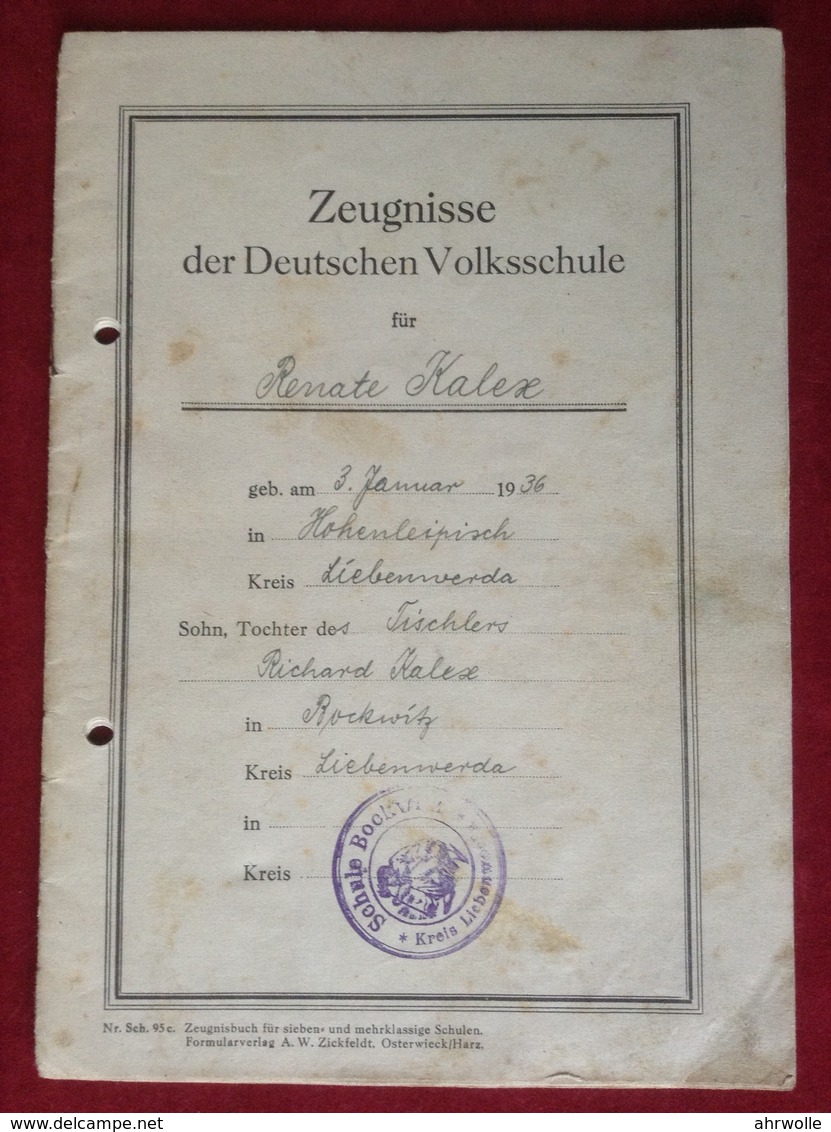 Zeugnis Deutsche Volksschule Bockwitz Liebenwerda 1943-1950 - Diplome Und Schulzeugnisse