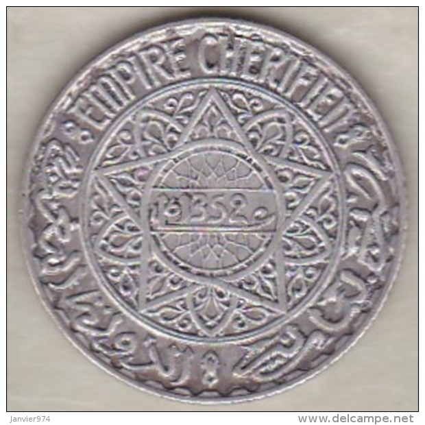 Maroc Protectorat Français. 5 Francs AH 1352 (1933), Mohammed V , En Argent - Morocco