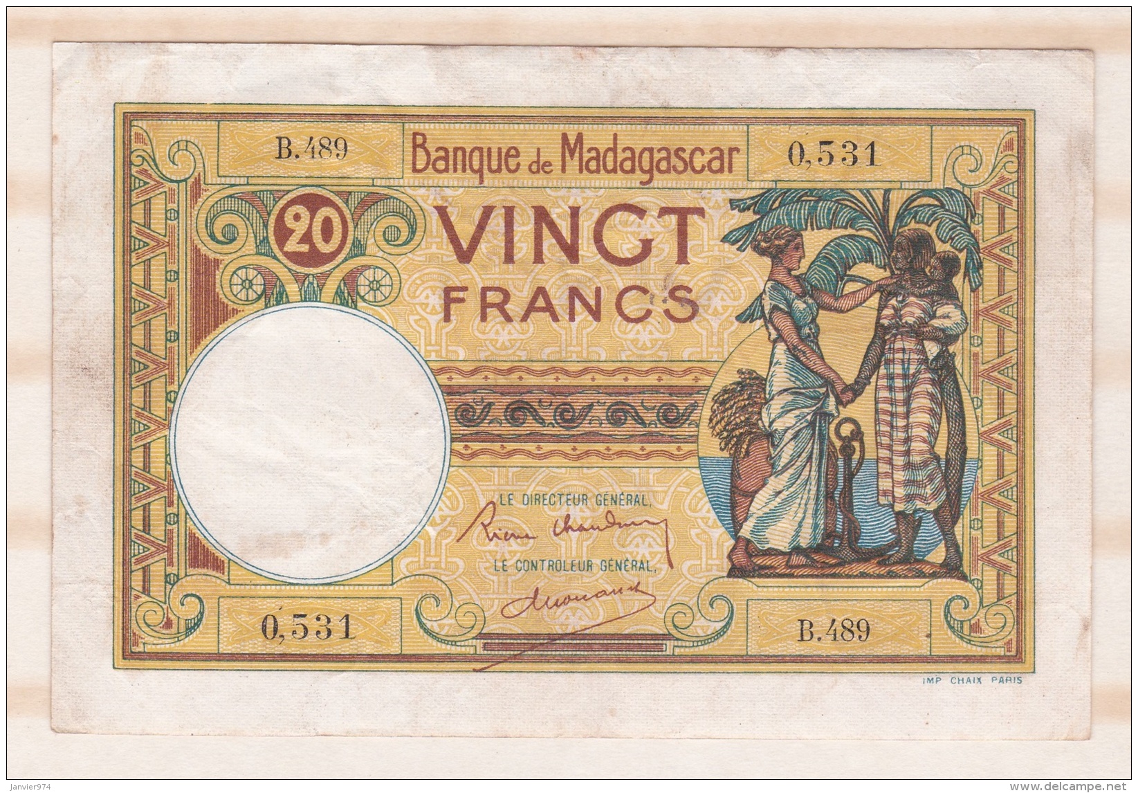 Banque De Madagascar, 20 Francs 1937 &ndash; 1947, Alphabet B.489 , Numéro 0,531 - Madagascar