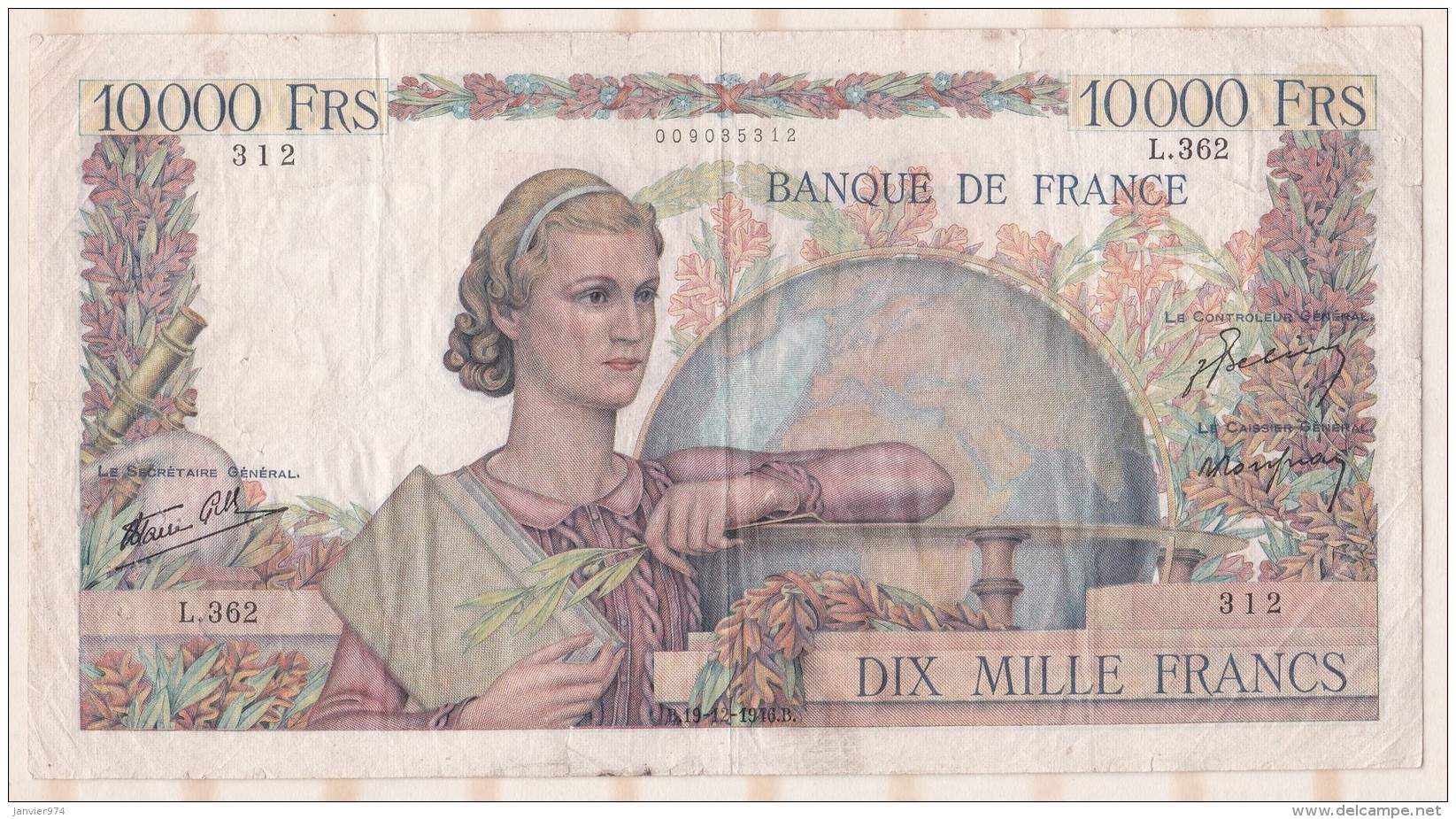 10 000 Francs Génie Français 19 12 1946 Alphabet L.362, Numéro 312 - 10 000 F 1945-1956 ''Génie Français''