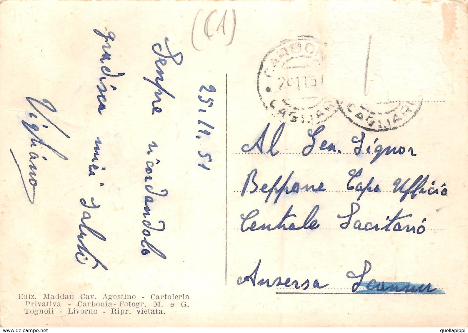 08399 "CARBONIA - LA CHIESA" ARCH. '900. ANIMATA.  CART SPED 1951 - Carbonia