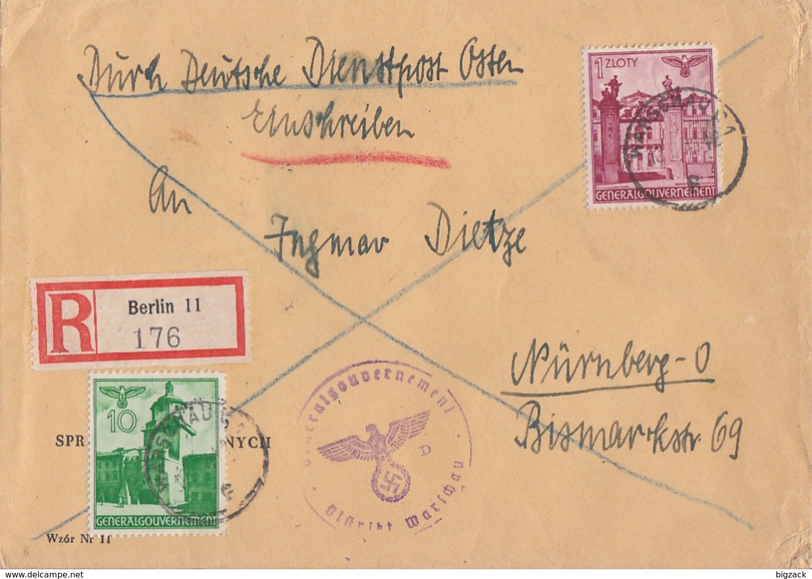 GG R-Brief Mif Minr42,51 Warschau Gel. Nach Nürnberg - Besetzungen 1938-45