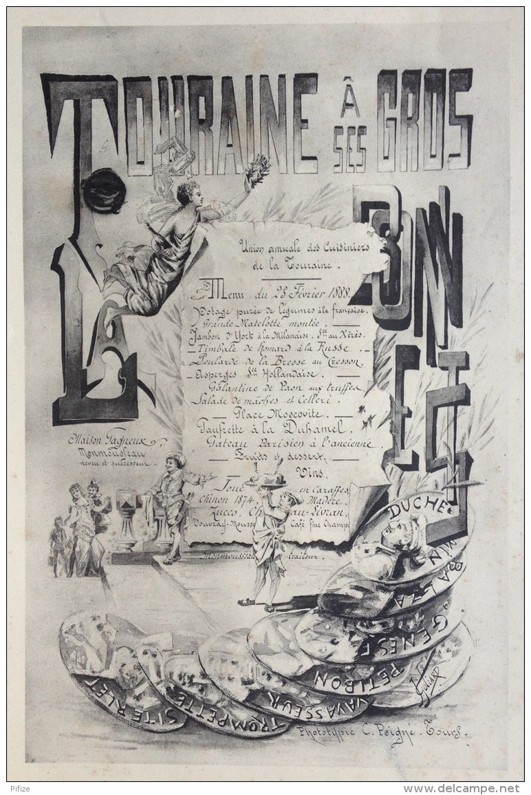 Menu 1888 Union Amicale Des Cuisiniers De La Touraine . Maison Gagneux , Monmousseau Successeur .  Gastronomie . - Menú