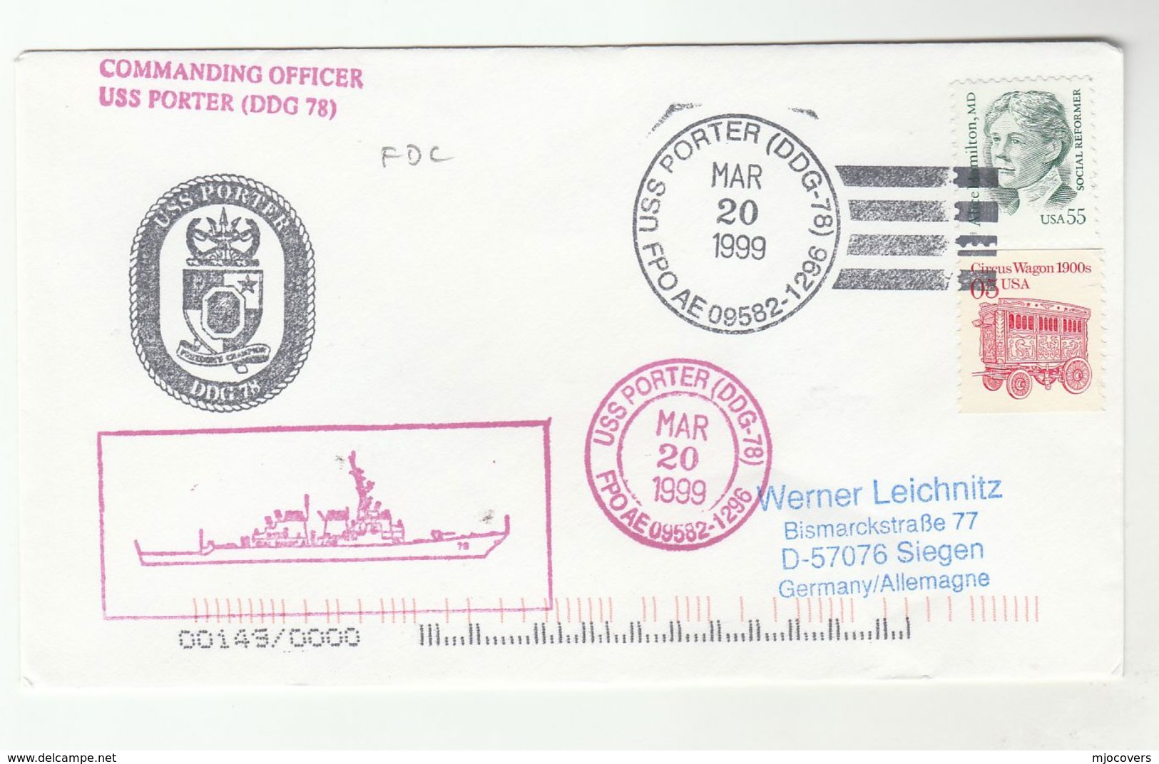 1999 USS PORTER Cover CIRCUS WAGON Stamps SHIP  Usa Navy - Circus