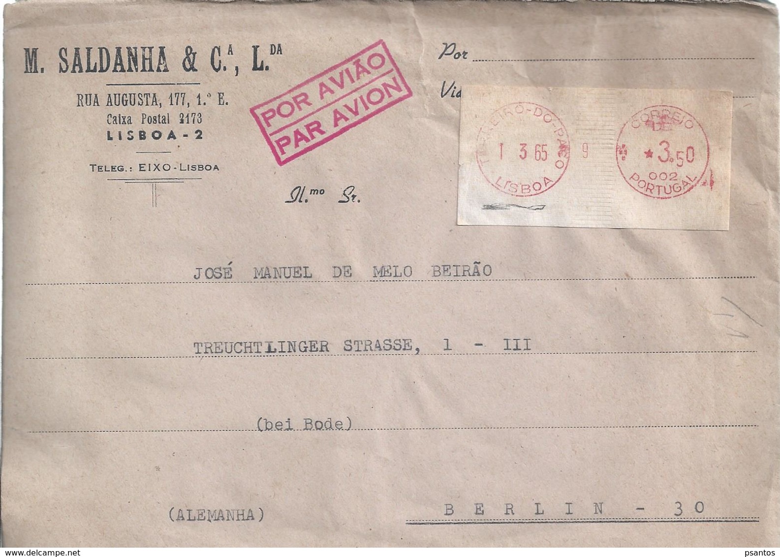 Excellent Mechanical Franchise Terreiro Do Paço,Lisbon 1965 Station.Portugal.Advertising Letter Airmail Berlin.2sc.Rare - Briefe U. Dokumente