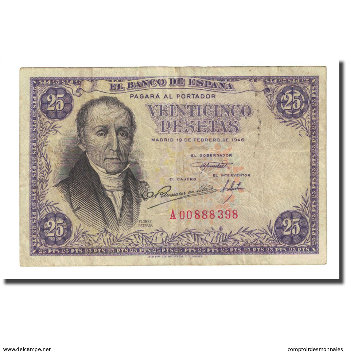 Billet, Espagne, 25 Pesetas, 1946-02-19, KM:130a, TTB - 25 Pesetas