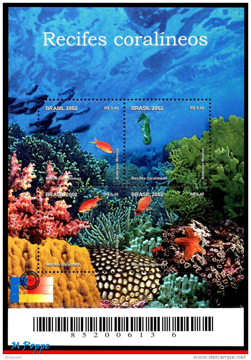 Ref. BR-2846 BRAZIL 2002 FISH, CORAL REEFS, SEAHORSE,, STARFISH, MI# B118, S/S MNH 4V Sc# 2846 - Unused Stamps