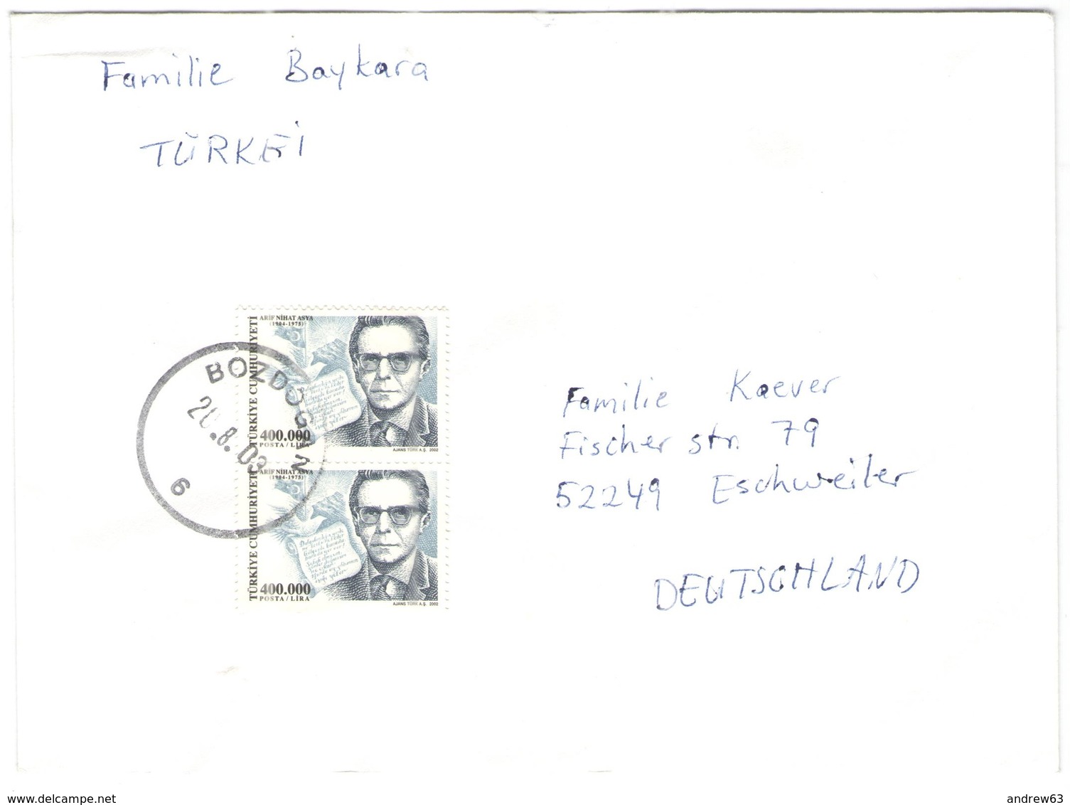 TURCHIA - Turkey - TURKIYE - 2003 - 2 X 400000 Arif Nihat Asya - Viaggiata Da Bozdoğan Per Eschweiler, Germany - Lettres & Documents