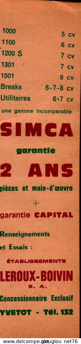 MARQUE PAGE..  SIMCA  ETBS LEROUX-BOIVIN   CONCESSIONNAIRE A YVETOT - Marque-Pages