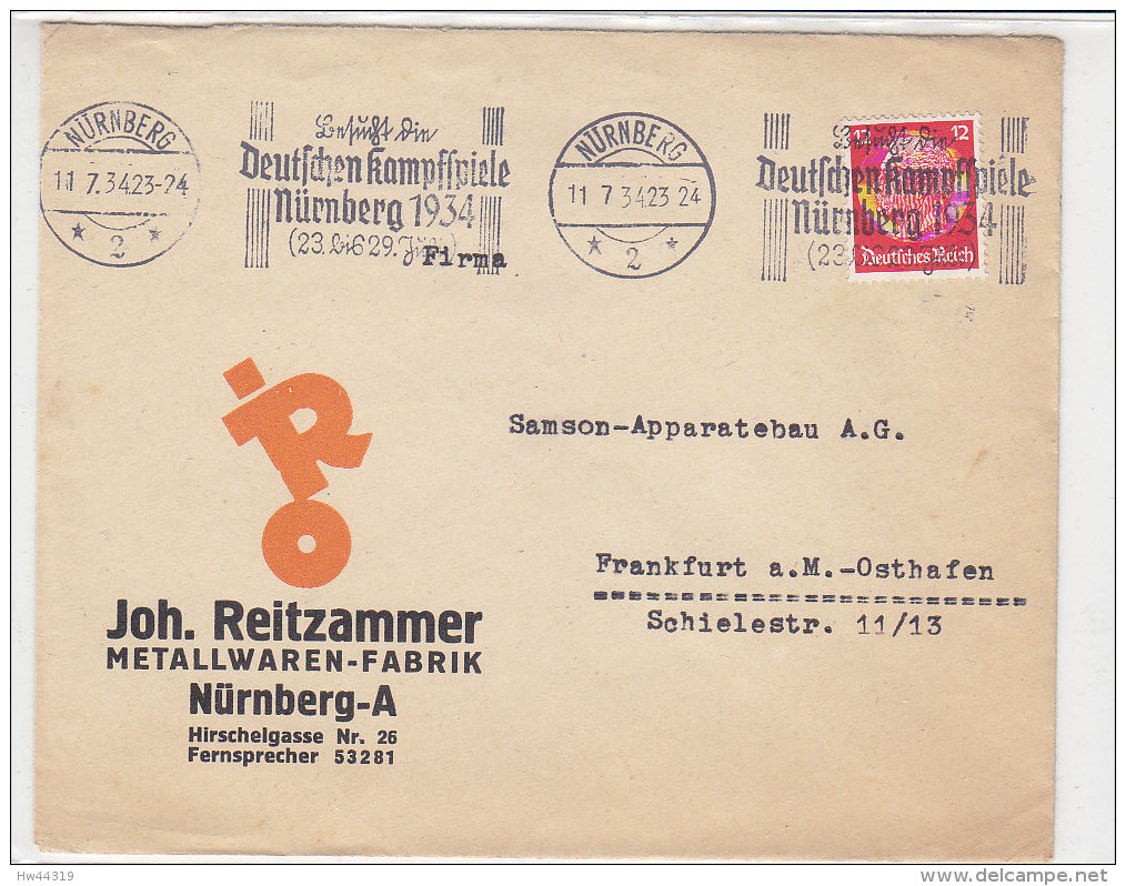 Firmenbrief Der Fa. Reitzammer Aus NÜRNBERG 11.7.34 Stempel: Besucht Die Deutschen Kampfspiele Nürnberg ... Dekorativ - Briefe U. Dokumente