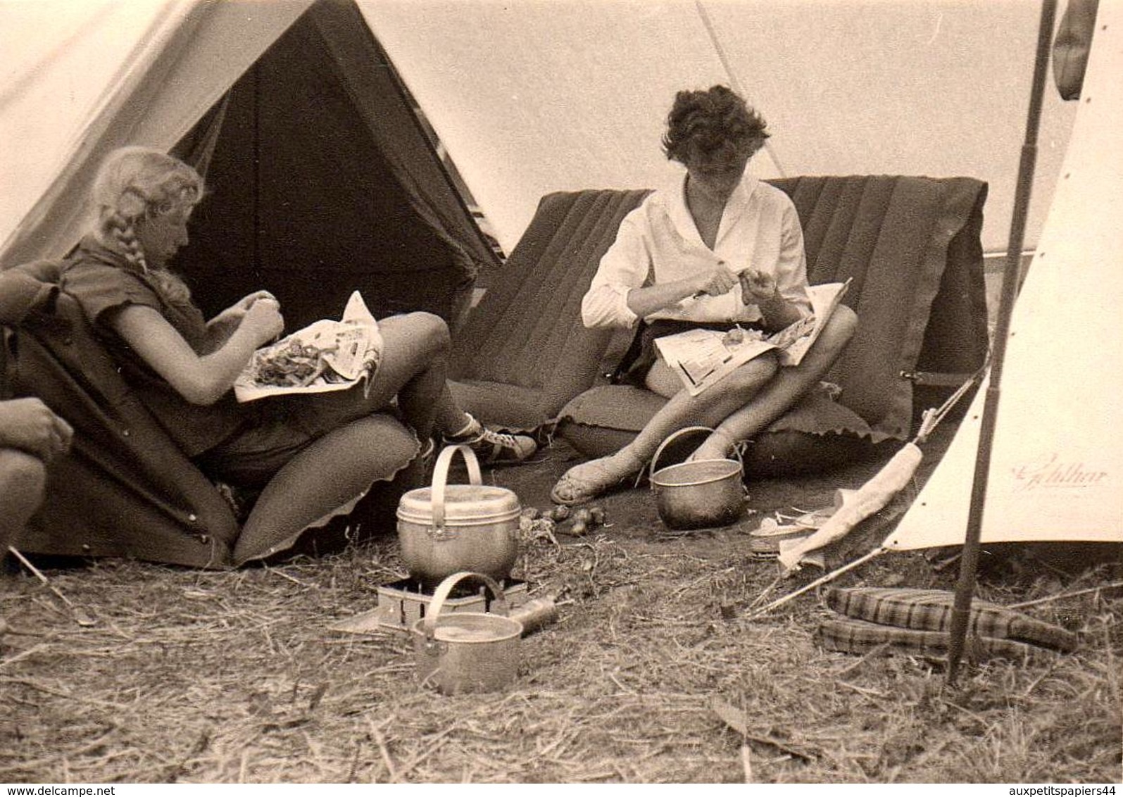 Photo Originale Camping Et Corvée De Patates Pour Charmantes Pin-Up En Vacances Vers 1960 - Cuisinières De Campement - Pin-up