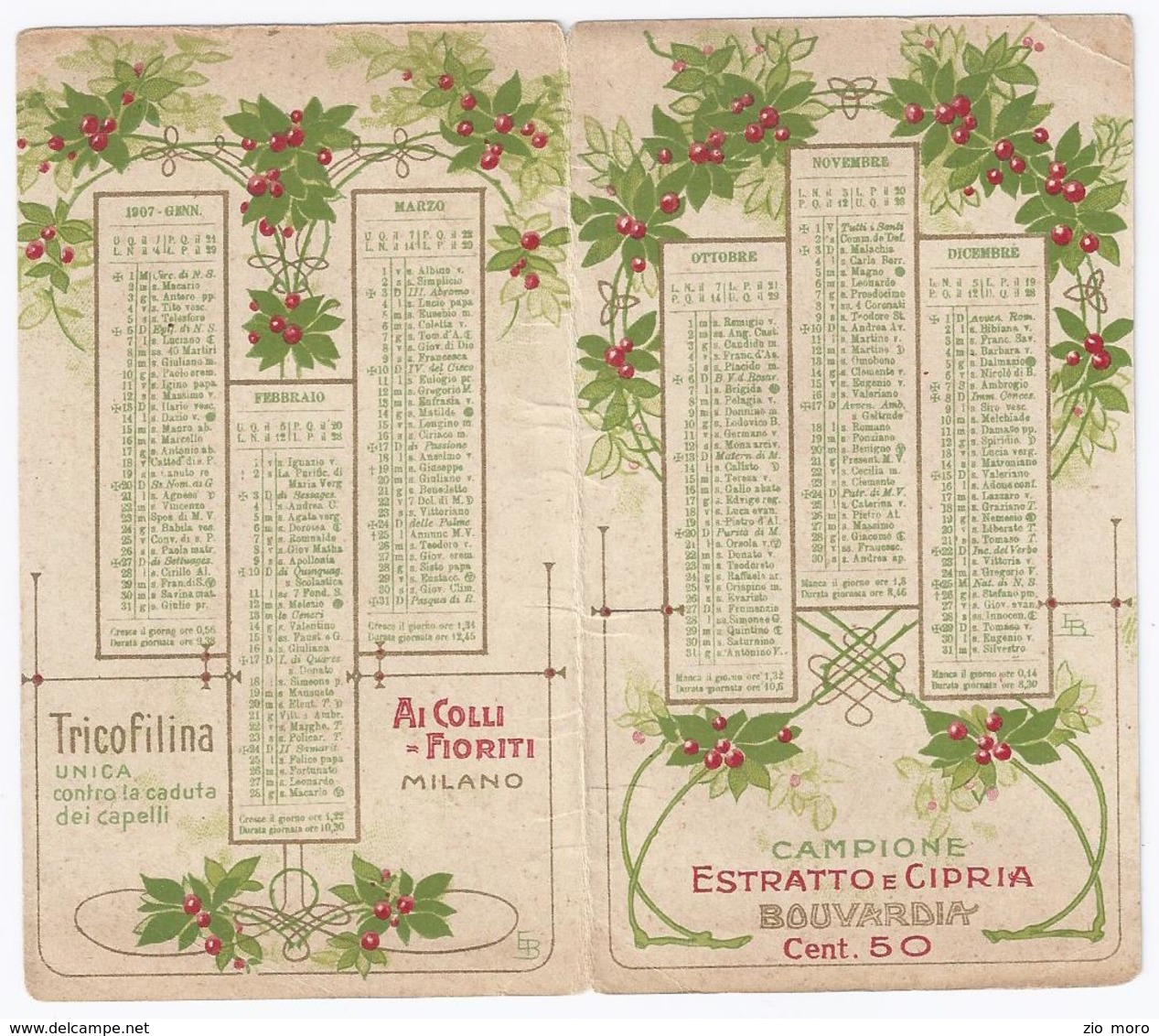 Splendido Calendario Da Tasca Liberty 1907 Ai Colli Fioriti - Milano - Estratto E Cipria BOUVARDIA - Small : 1901-20