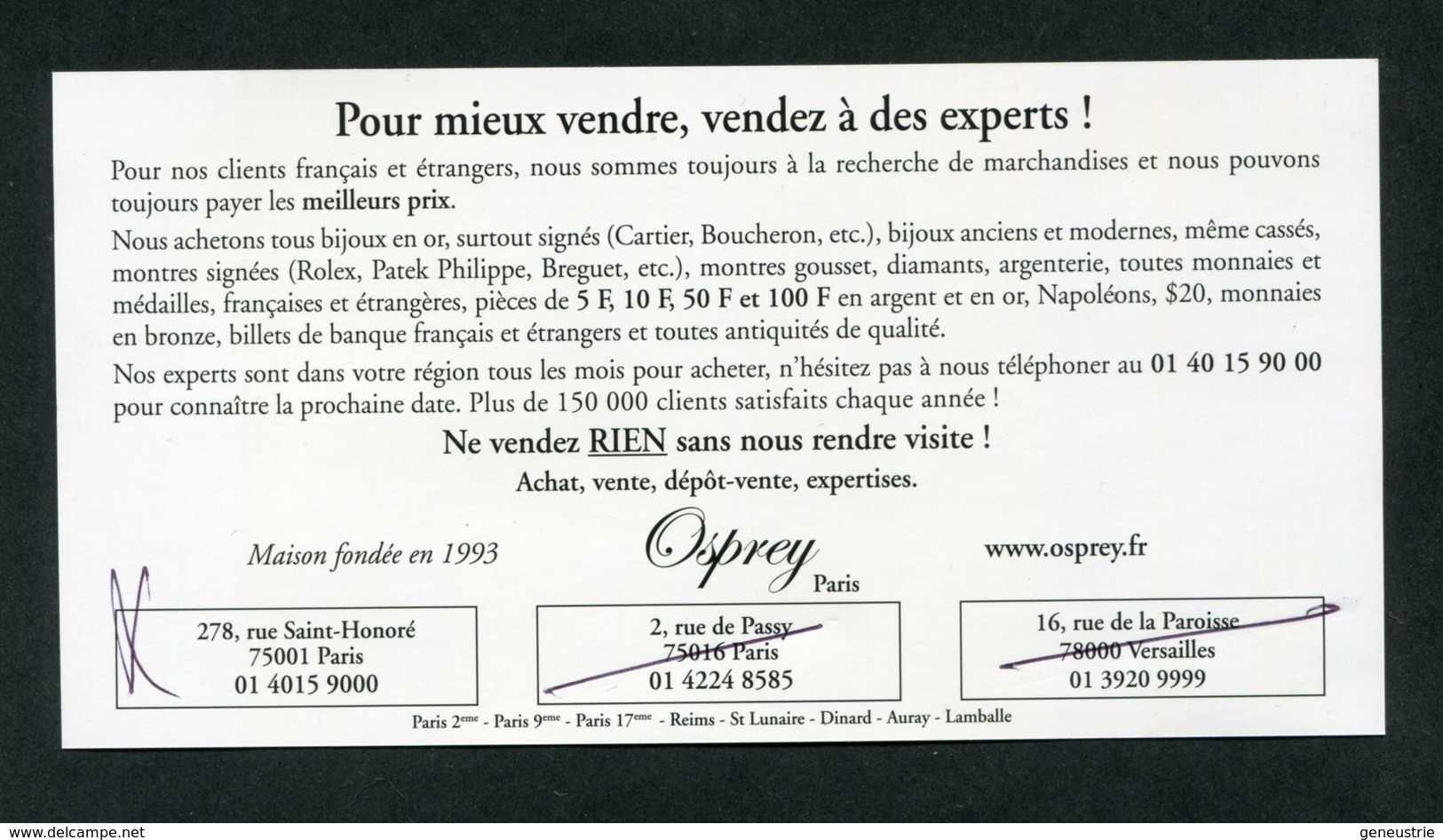 Billet De 3 (euro) "Osprey, Bijoutier à Paris Et Versailles" Billet Fantaisie - Fictifs & Spécimens