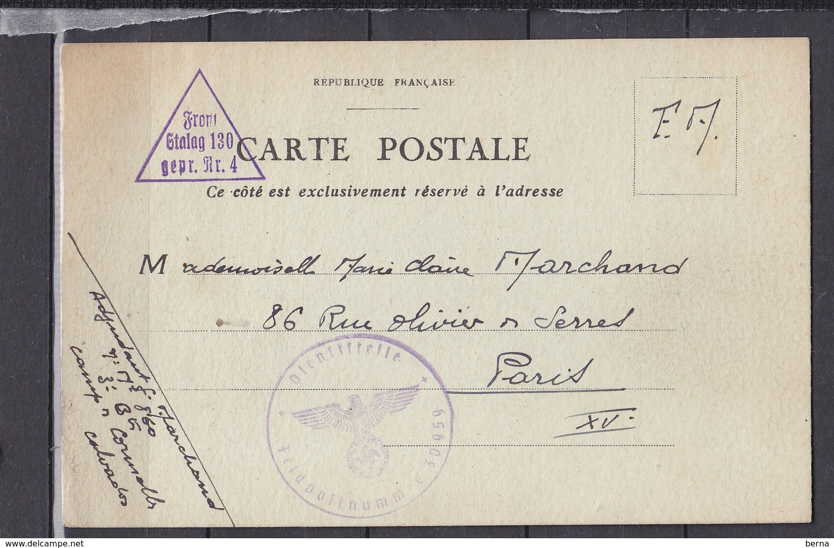 FRANCE  CARTE FM FRONT STALAG N° 130 CAMP DE CORMELLES CALVADOS -CENSUREE - Guerre De 1939-45