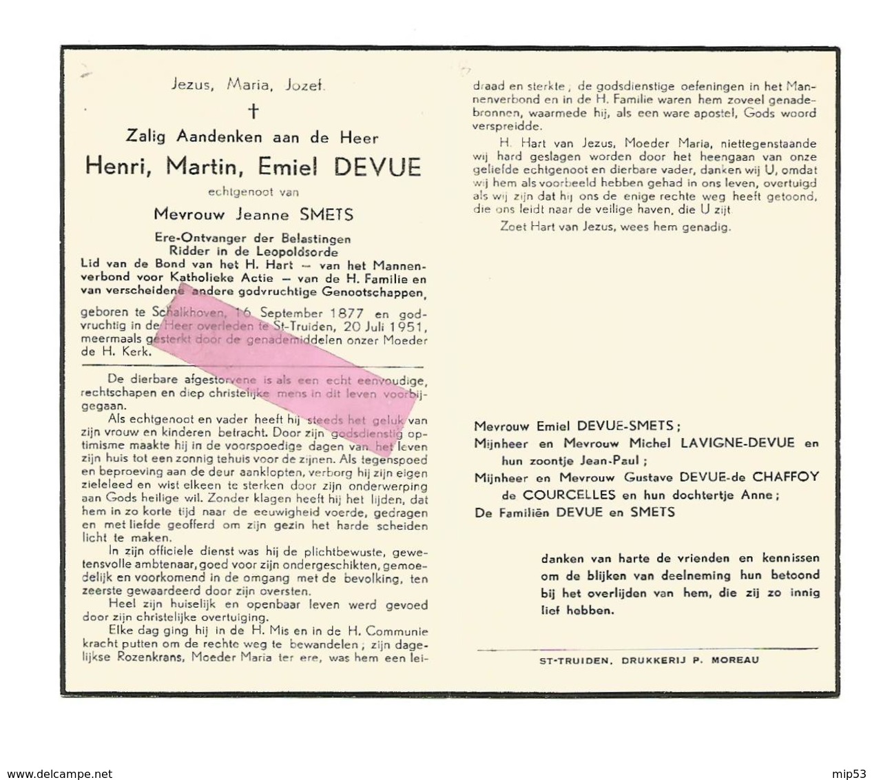 D 356. HENRI M. E. DEVUE - Ere-ontvanger Der Belastingen/Ridder Leopoldsorde - °SCHALKHOVEN 1877 /+ST-TRUIDEN 1951 - Images Religieuses