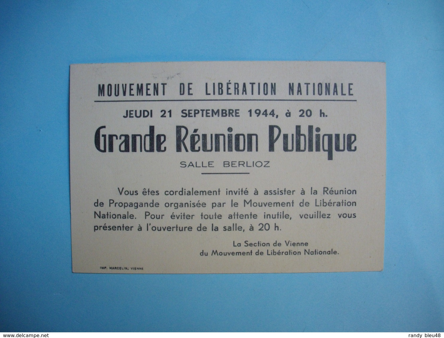 Carton Réunion  MOUVEMENT  DE LIBERATION NATIONALE  -  Section De VIENNE  -  38  -  Isère  -  Assez Rare  -  1944 - Libération