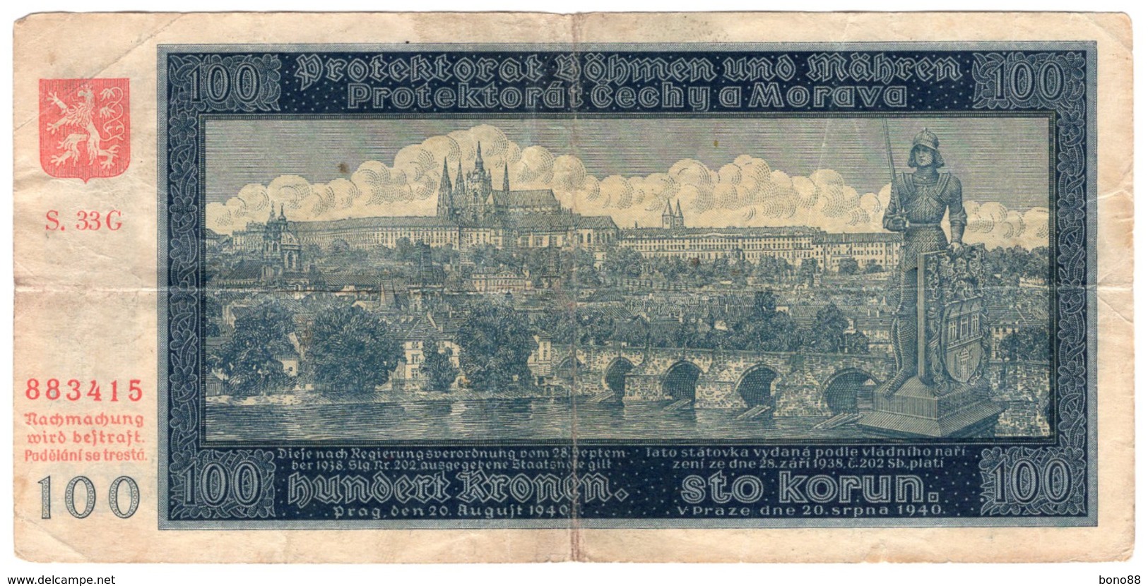 BOHEMIA & MORAVIA,100 KORUN,1940,P.7,F+ - Tchécoslovaquie