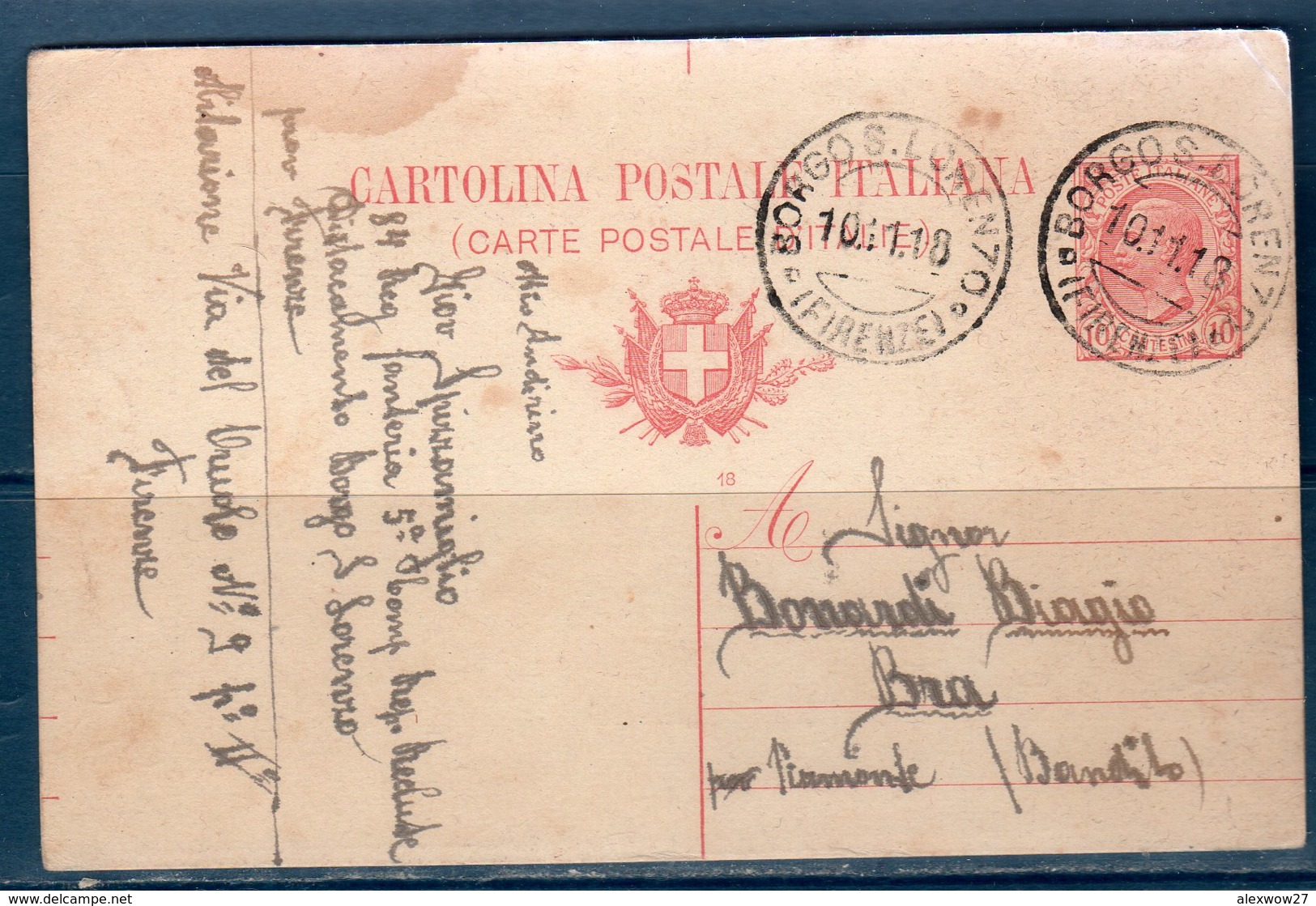 Italia 1918 Cartolina Da Borgo S.Lorenzo (Firenze) A Bra' - Interi Postali