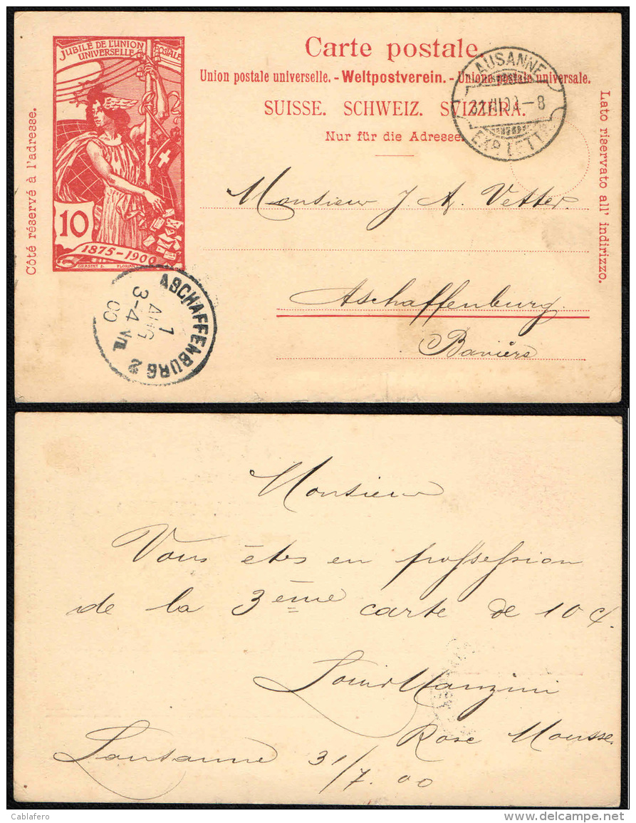 SVIZZERA - 31.7.1900 - INTERO POSTALE - ANNULLO LAUSANNE EXP. - GIUBILEO UNIONE POSTALE UNIVERSALE 10 CENT. - Interi Postali