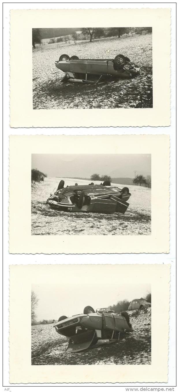 LOT 3 ANCIENNES PHOTOS D'UNE AUTO VOITURE AUTOMOBILE CITROEN DS ACCIDENTEE SUR LE TOIT, ACCIDENT - Automobiles