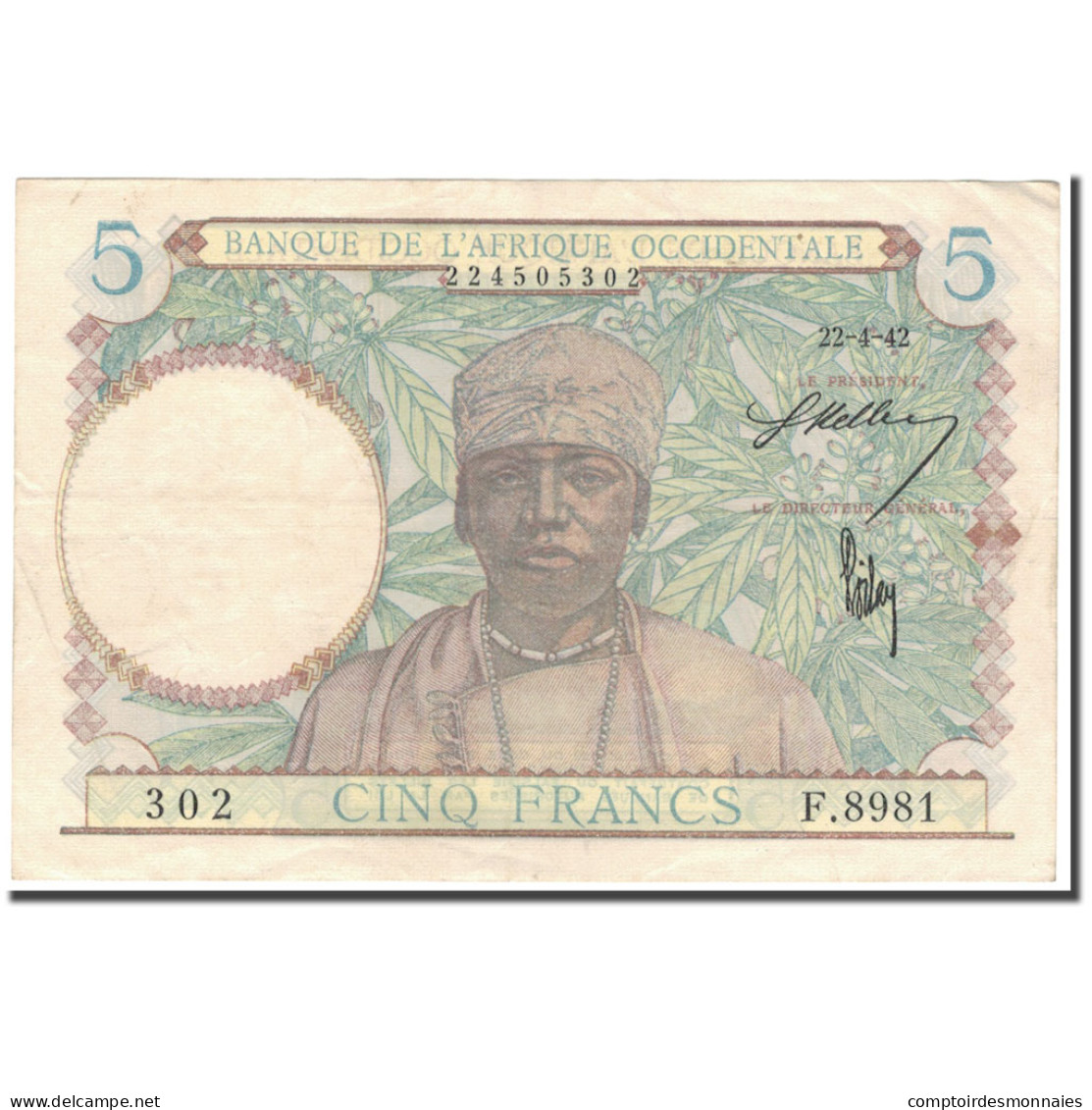 Billet, French West Africa, 5 Francs, 1942-04-22, KM:25, TTB+ - West African States