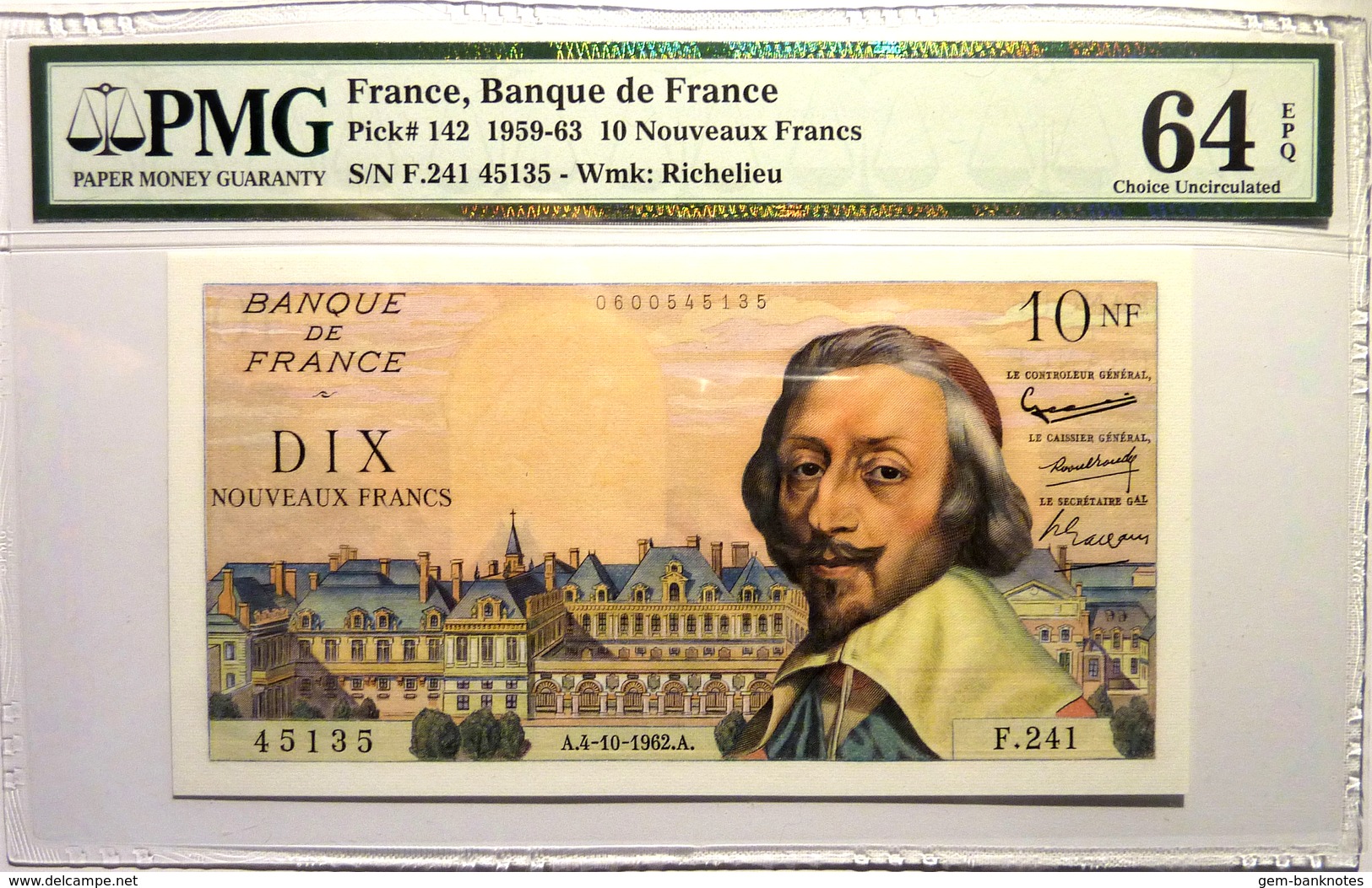France 10 NF 1962 P142 Graded 64EPQ By PMG (Choice Uncirculated) - 10 NF 1959-1963 ''Richelieu''