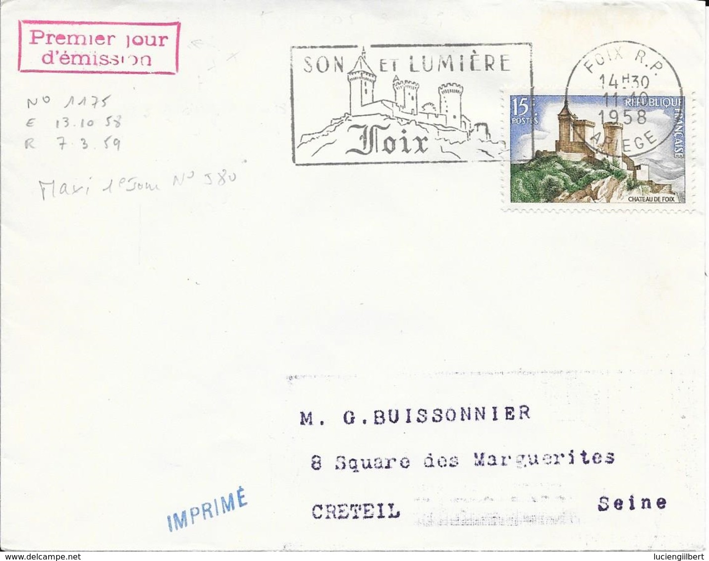 TIMBRE N° 1175  FRANCE - FOIX - FLAMME : SON ET LUMIERE / FOIX  -  IER JOUR MAXIMUM N° 580a DU TIMBRE  - SEUL SUR LETTRE - 1921-1960: Période Moderne