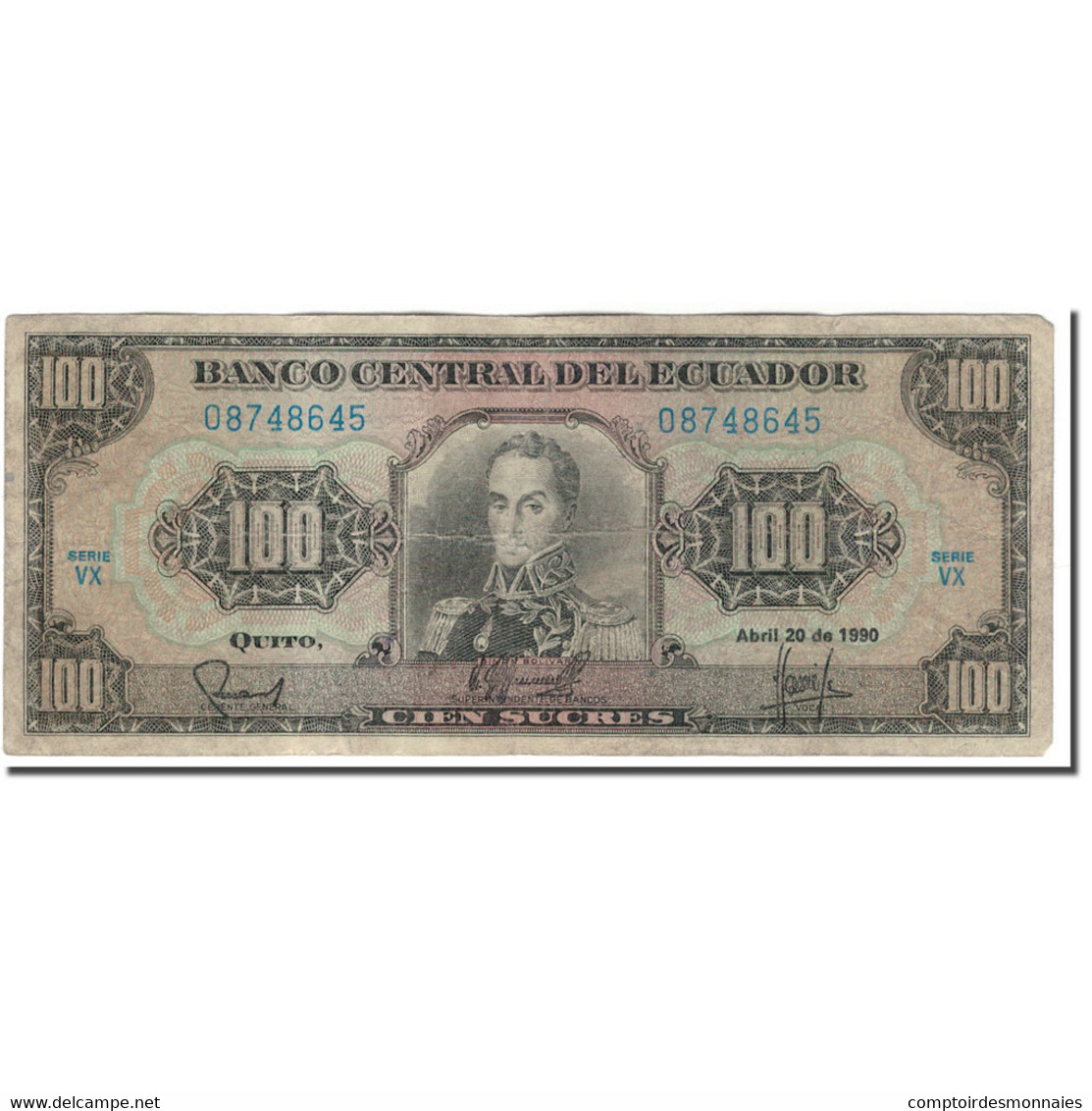 Billet, Équateur, 100 Sucres, 1990-04-20, KM:123, AB+ - Ecuador