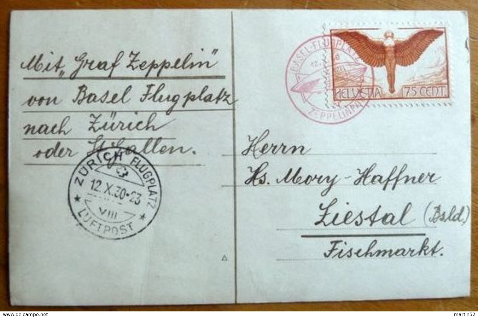 Schweiz Suisse 1930: ZEPPELINPOST 12.X.30 BASEL Mit Zu F11 Mi 190 AUF Bild-PK "Skulptur" (Zu CHF 150.00) - Premiers Vols