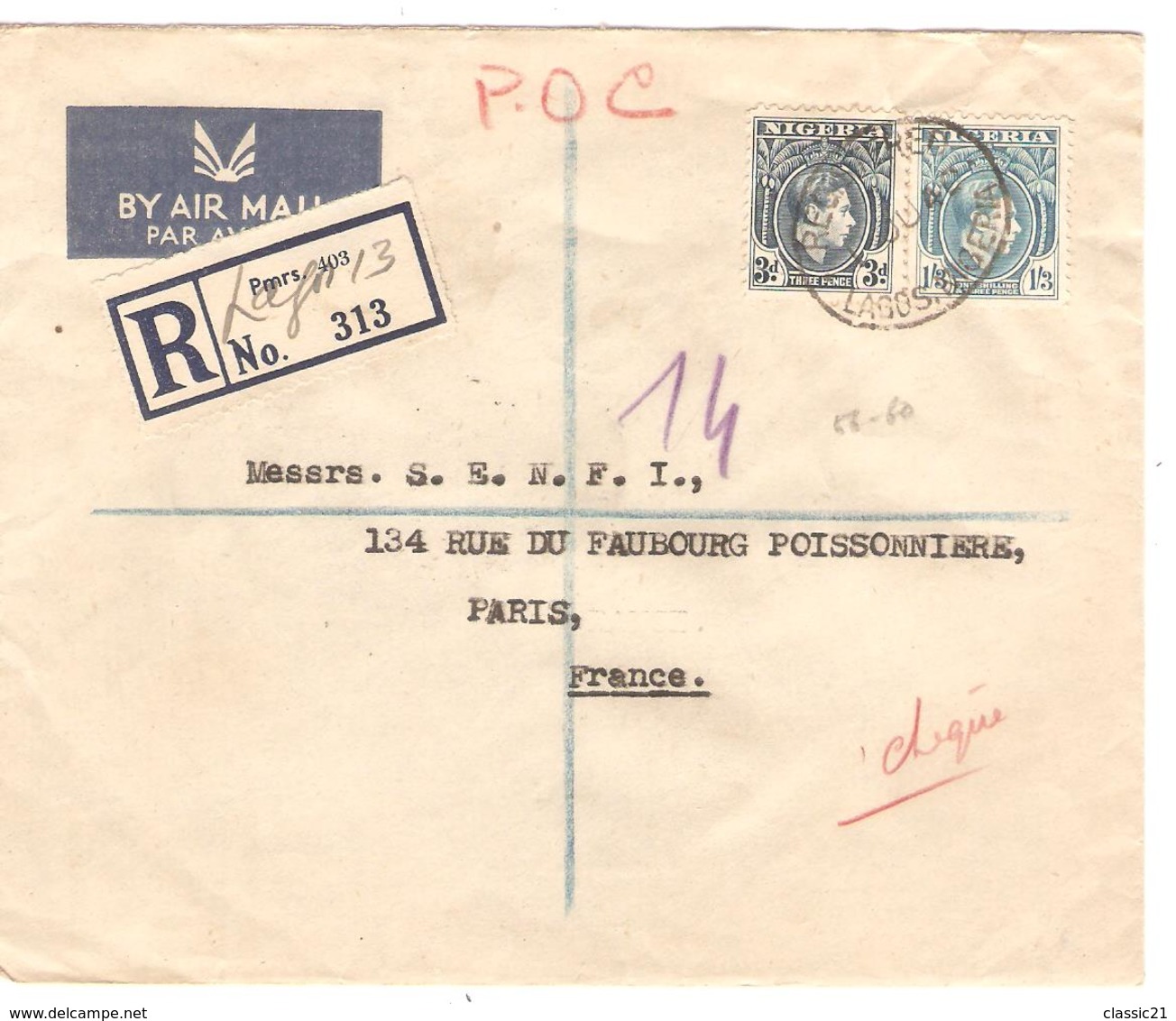 2444/ TP,King Edward Registered Air Mail Cover Lagos 1949 To France C.d'arrivée - Nigeria (...-1960)