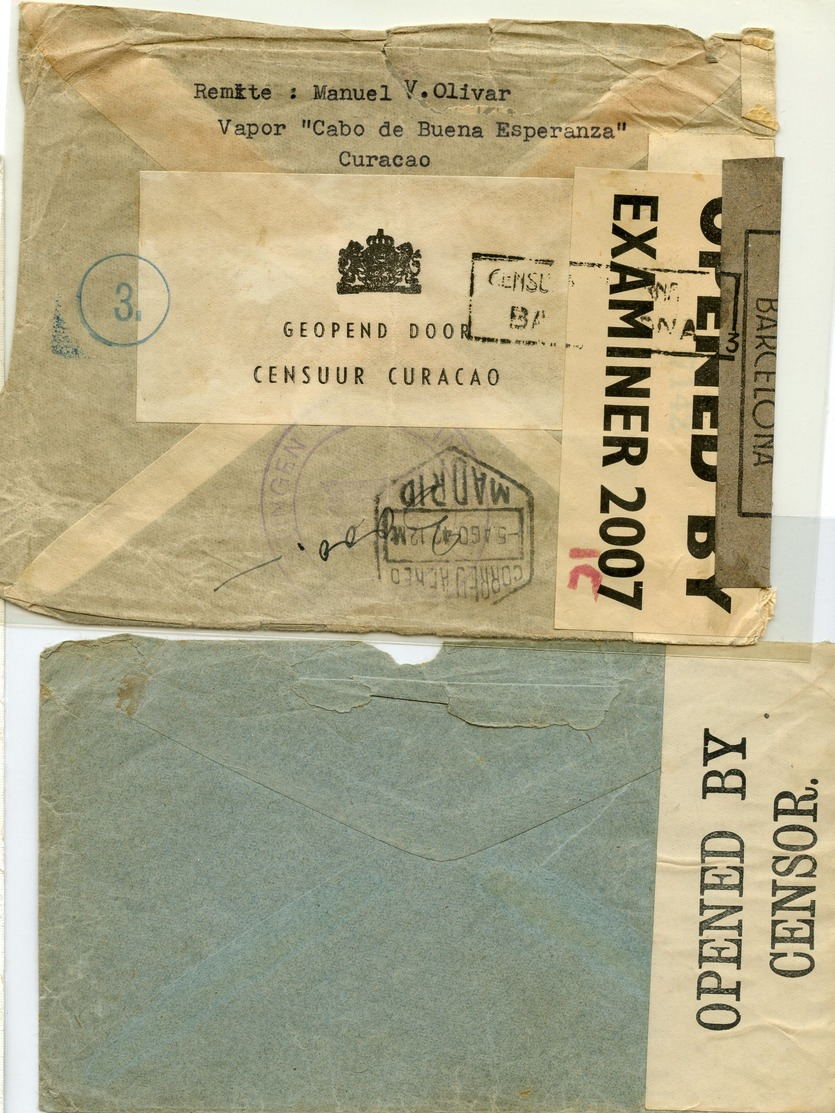 CURAÇAO TWO COVERS  (TO SCOTLAND AND SPAIN) WWII. CENSORMARKS - Curaçao, Antilles Neérlandaises, Aruba