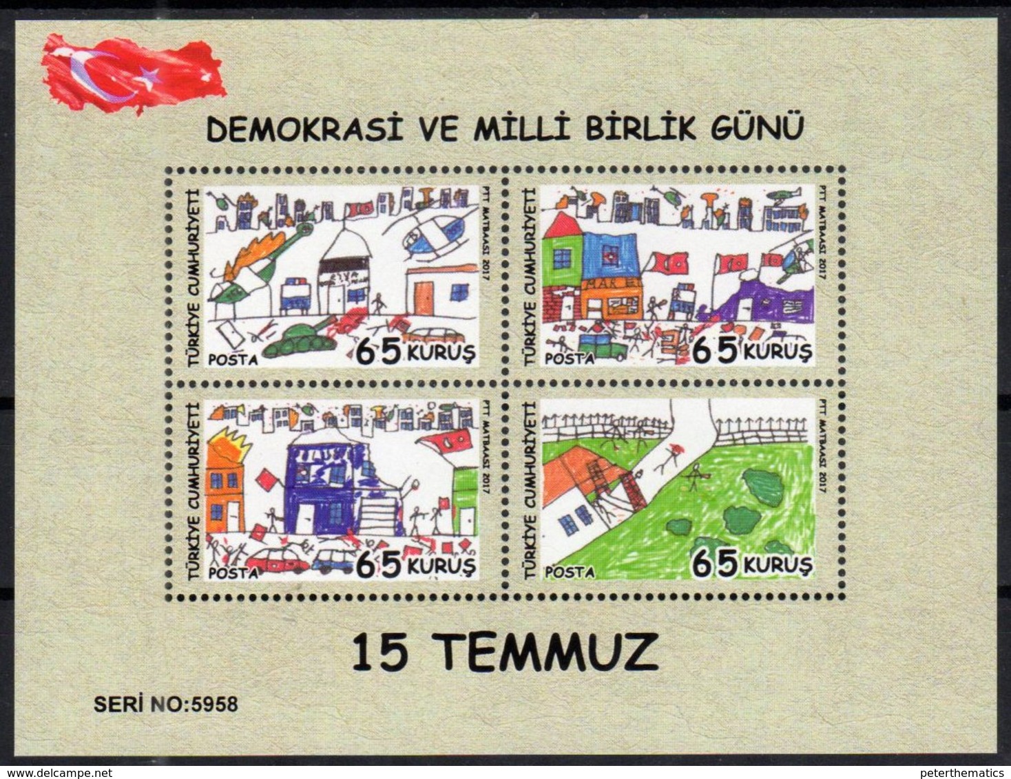 TURKEY, 2018, MNH, DEMOCRACY, SOLIDARITY DAY, CHILDREN'S DRAWINGS, HELICOPTERS, TANKS, NUMBERED SHEETLET - Unclassified