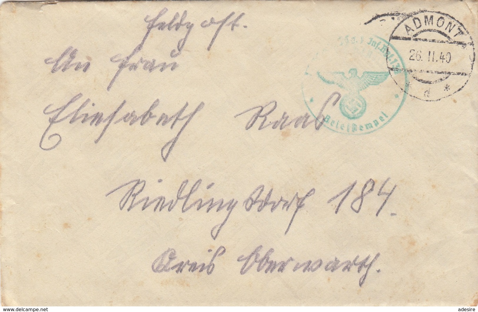 1940 FELDPOST BRIEF Mit Inhalt, Grüner DR Stempel, Gel.v. Admont > RIEDLINGSDORF 184, KREIS OBERWART, OSTMARK - Briefe U. Dokumente