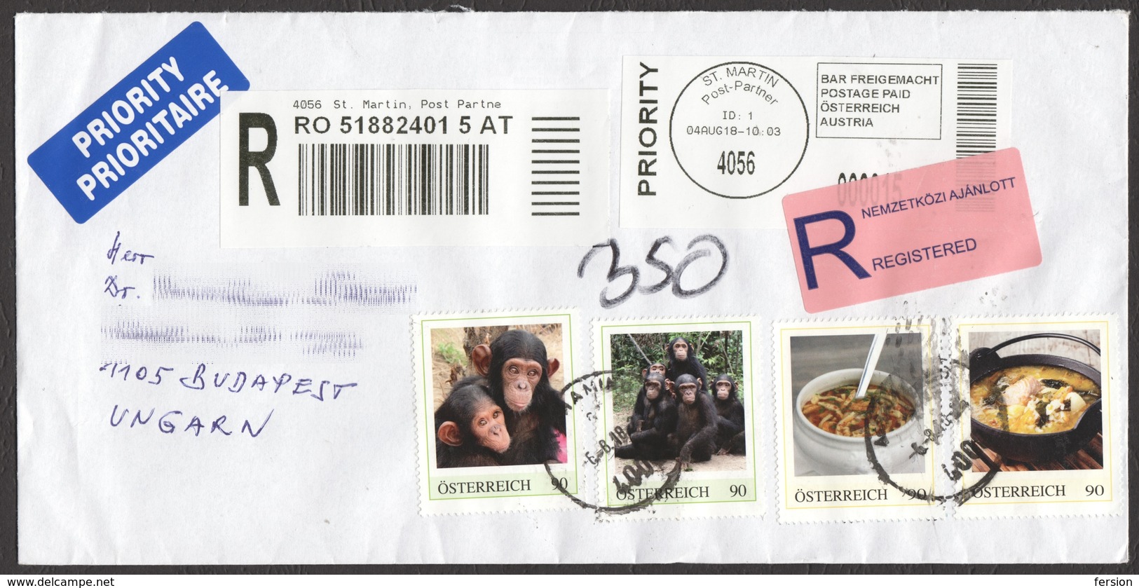 Monkey Chimpanzee / Austria St. Martin - Personal Stamp / Food Soup / Registered Priority Label Vignette Mail Cover - Chimpanzees