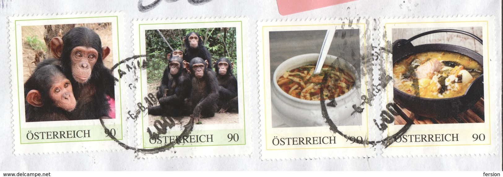 Monkey Chimpanzee / Austria St. Martin - Personal Stamp / Food Soup / Registered Priority Label Vignette Mail Cover - Chimpanzees