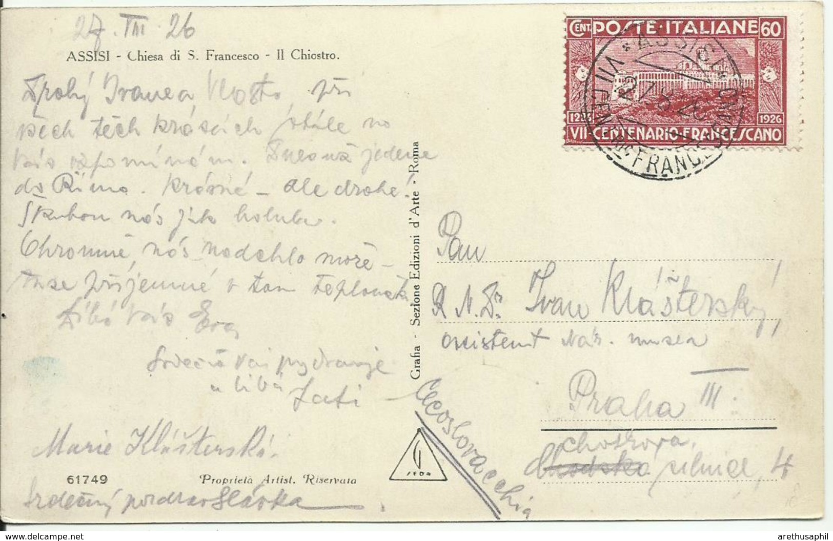 VE3-215-Cartolina Per La Cecoslovacchia (Portorose) Con 60 Cent. San Francesco 27.8.1926 - Bella - Marcophilie