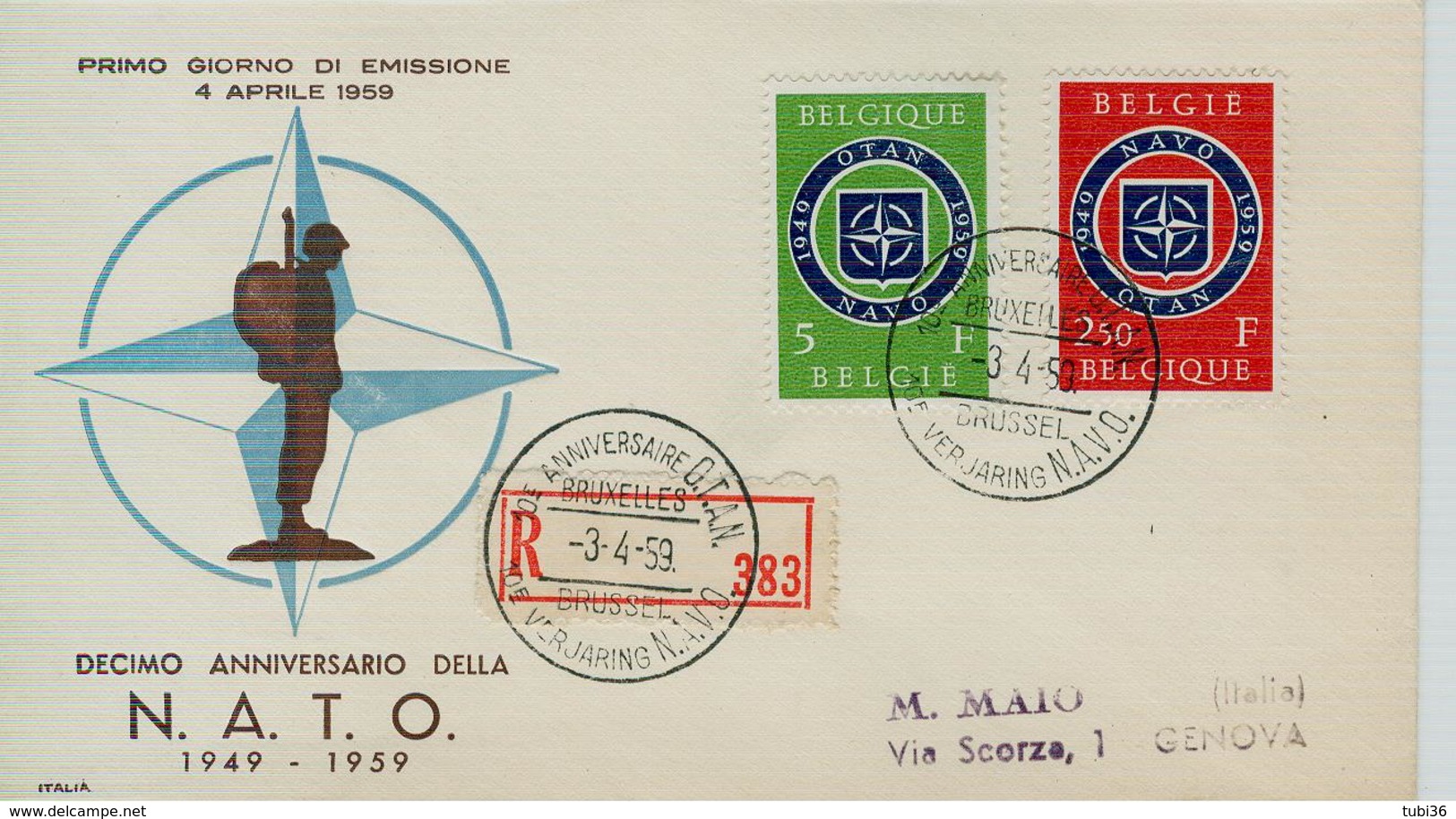 Belgio, Belgique FDC 1959 - NATO - OTAN - VIAGGIATA RACCOMANDATA  GENOVA - NATO