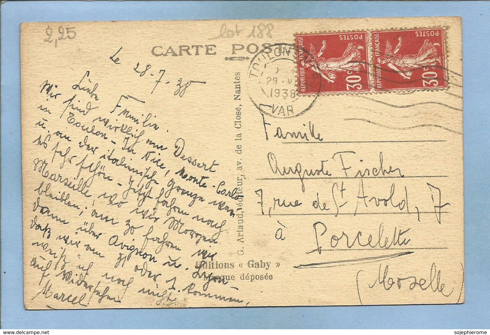 Le Sous-Marin "AJAX" 2 Scans 28-07-1938 (Robert Blondel Polaire De Marine) Carte Envoyée à Porcelette (Moselle) - Unterseeboote