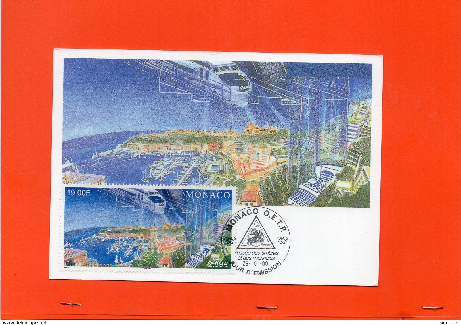 Carte Postale Monaco   MONACO TIMBRE + OBLITERATION 1999 19 FRS  2.89 €  BLEU   TRAIN TRANSPORT - Storia Postale