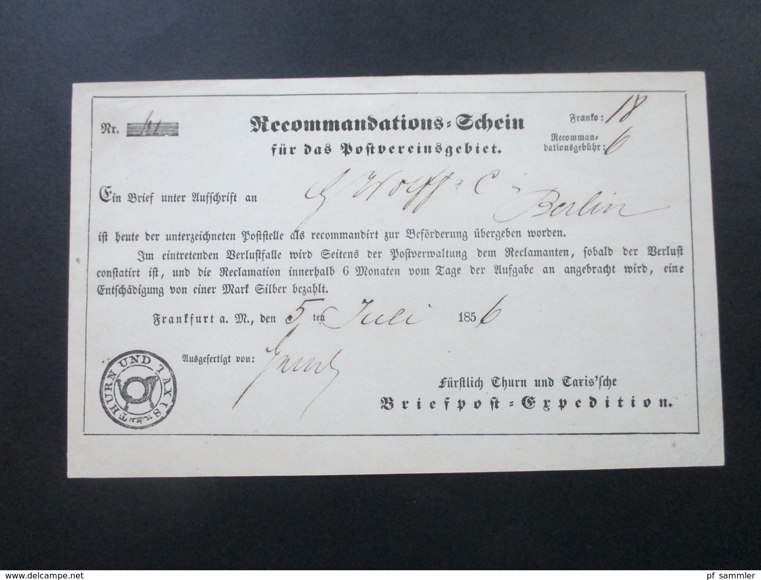 Altdeutschland Thurn Und Taxis 1856 Postschein Fürstlich Thurn Und Taxis'sche Briefpost Expedition. Reco Gebühr!! - Briefe U. Dokumente