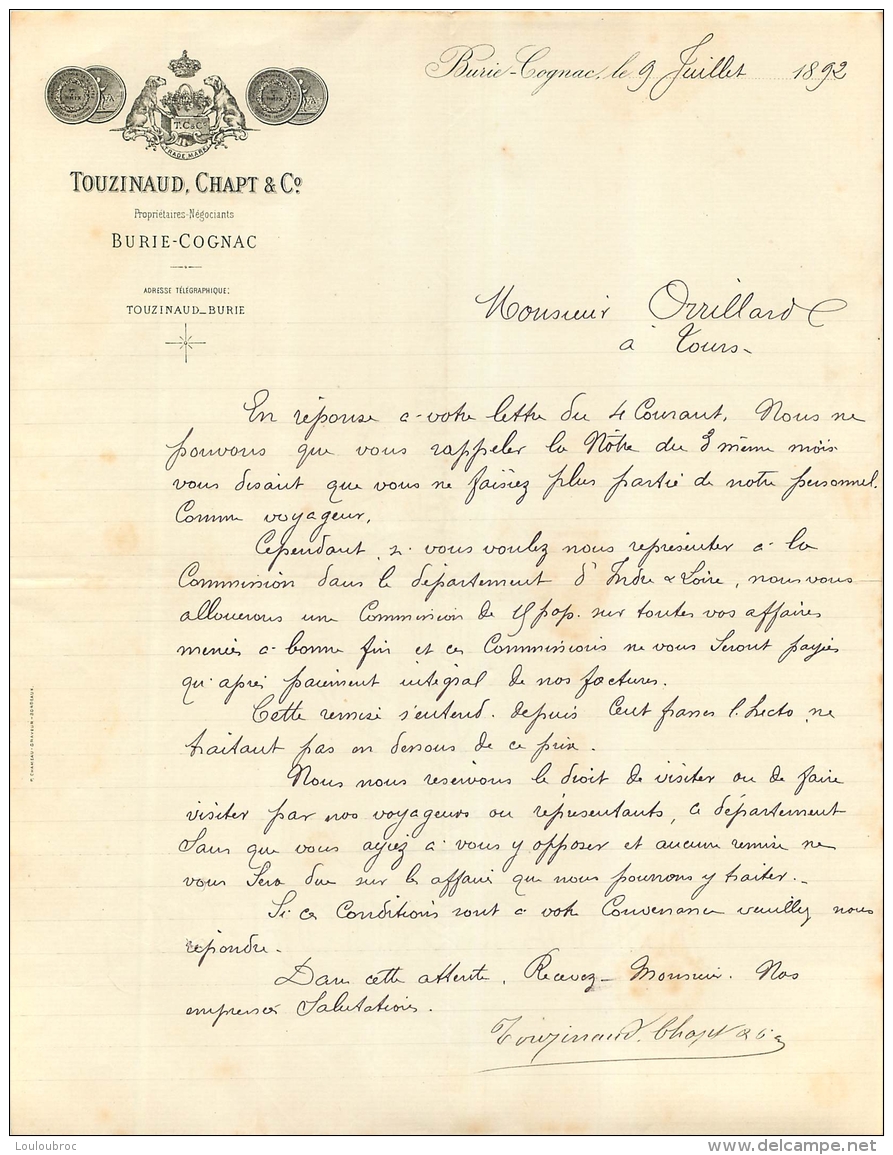 DOCUMENT COMMERCIAL  DE 1892  MAISON TOUZINAUD CHAPT NEGOCIANTS A BURIE COGNAC - 1800 – 1899