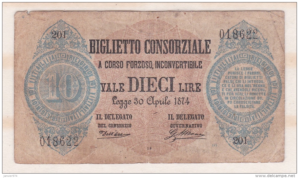 BIGLIETTO CONSORZIALE 10 LIRE 30 APRILE 1874 - Biglietti Consorziale