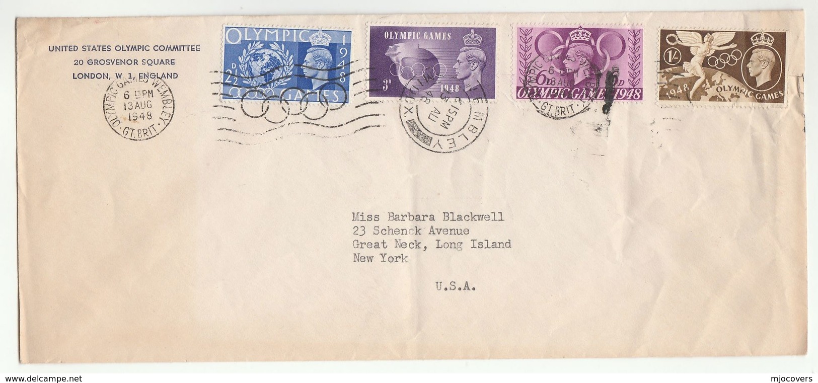 1948 13 Aug London US OLYMPIC COMMITTEE At WEMBLEY  OLYMPICS GAMES Franked SET GB Stamps COVER Usa Sport - Summer 1948: London