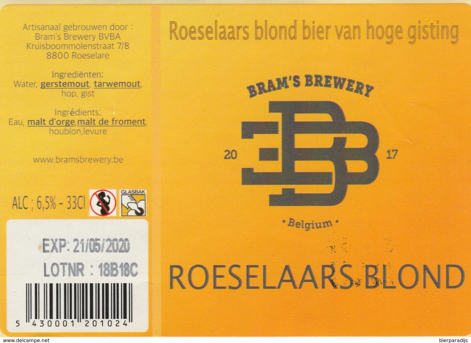 Roeselaars Blond Bier  Bramsbrewery - Bière