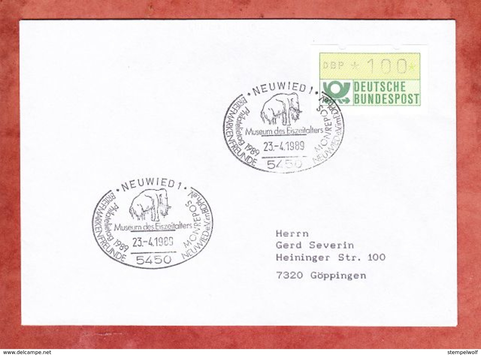 Brief, EF Automatenmarke, SoSt Mammut Museum Des Eiszeitalters Neuwied, Nach Goeppingen 1989 (56754) - Briefe U. Dokumente
