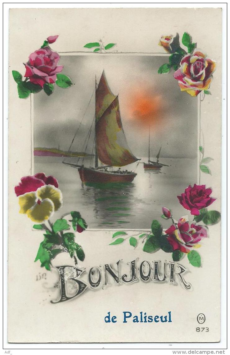 N°1 ANCIENNE CARTE FANTAISIE UN BONJOUR DE PALISEUL, BATEAU, PROVINCE DE LUXEMBOURG, BELGIQUE - Paliseul