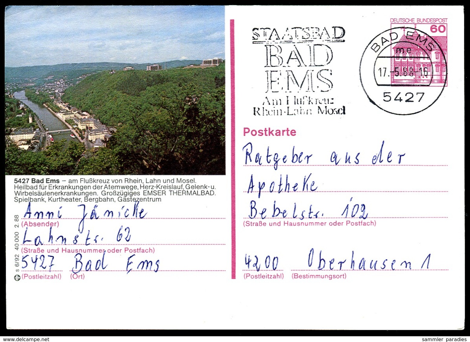 84745) BRD - P 138 - S6/92 - Ortsgleich OO Gestempelt - 5427 Bad Ems, Ortsansicht - Geïllustreerde Postkaarten - Gebruikt