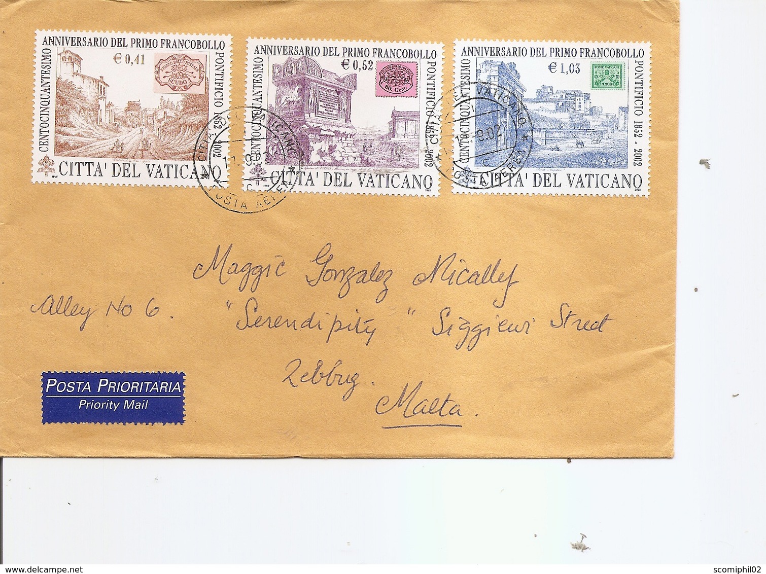 Timbres Sur Timbres ( Lettre Prioritaire Du Vatican De 2002 Vers Malte à Voir) - Sellos Sobre Sellos